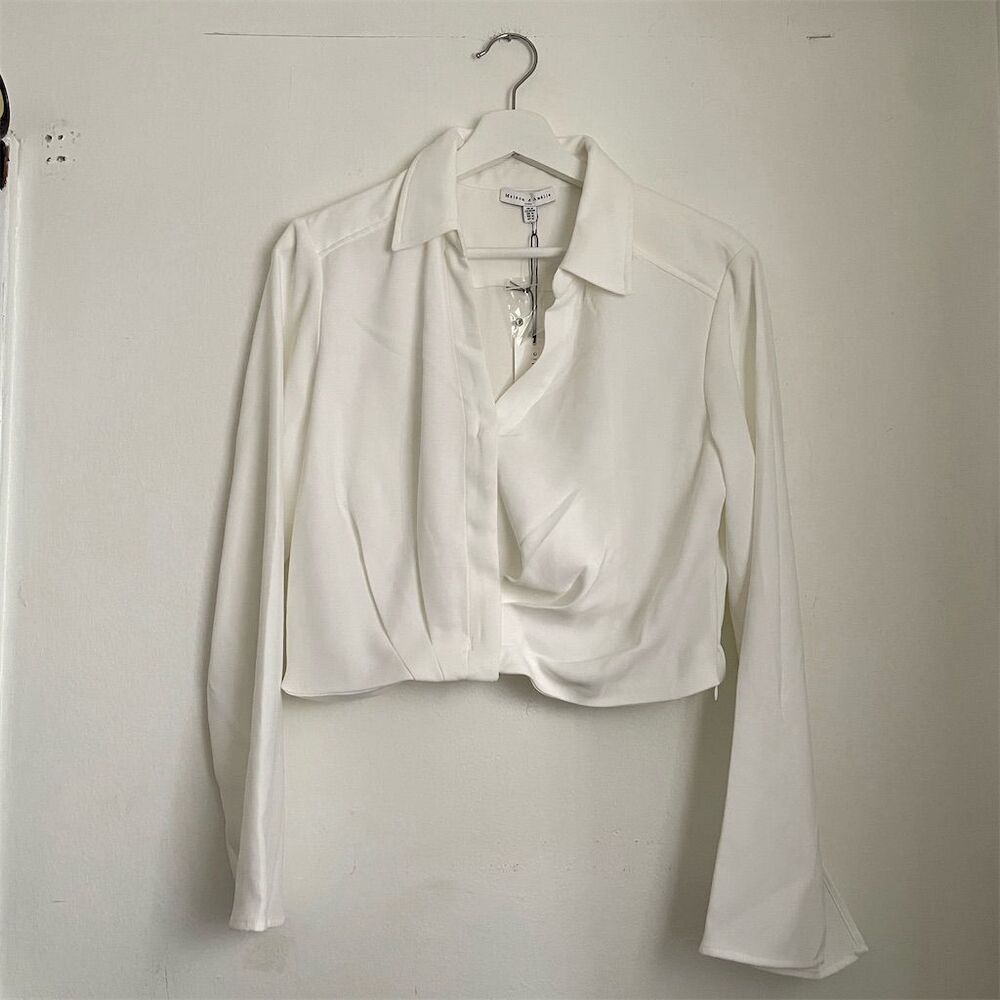 Maison d'Adilie White Cropped Blouse Wrap Front Tie Detail Long Sleeve Women